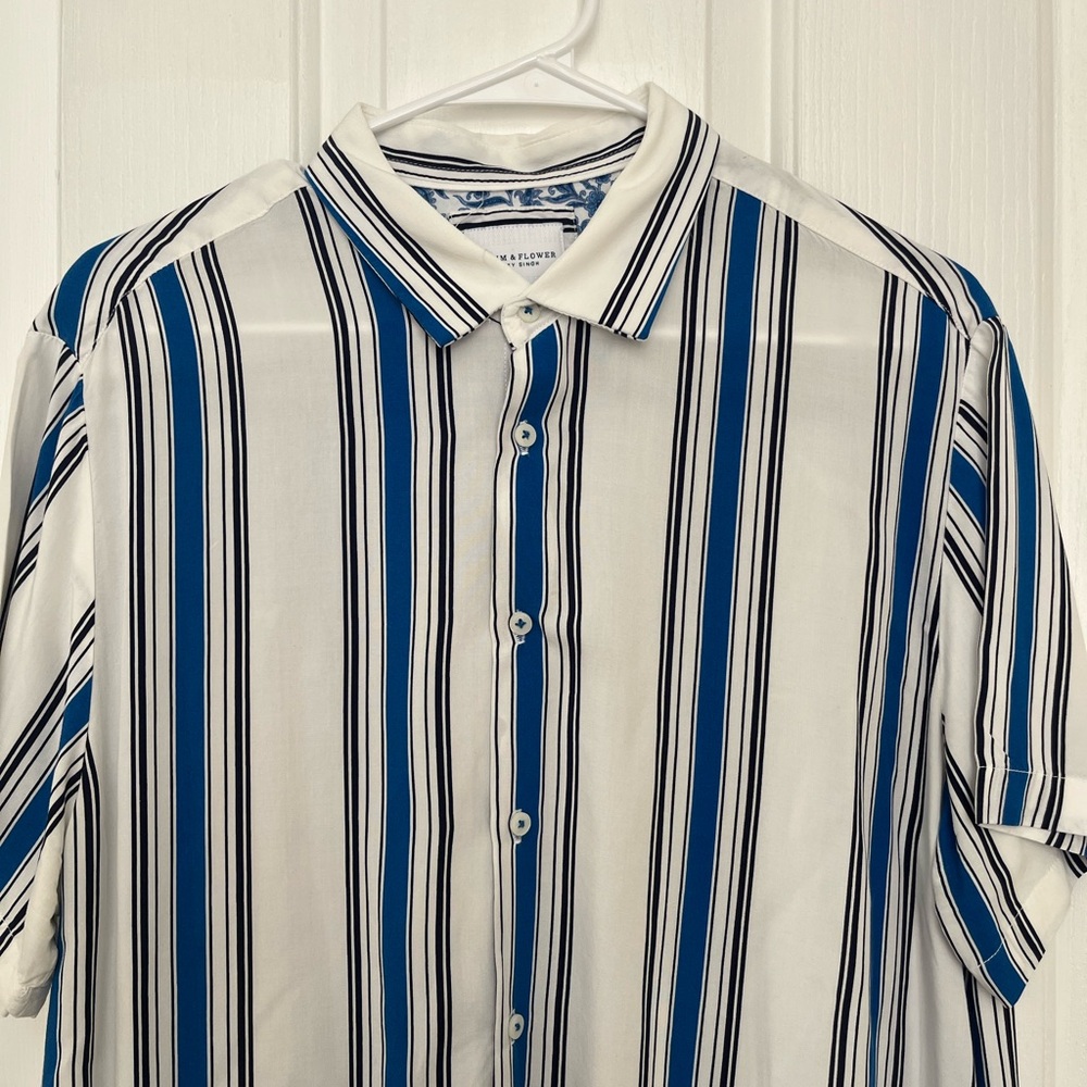 Denim & Flower Men's White Shirt with Blue & Black Vertical Stripes